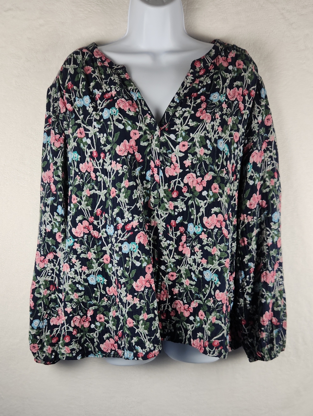Style & Co. Navy Floral V-Neck Long Sleeve Blouse